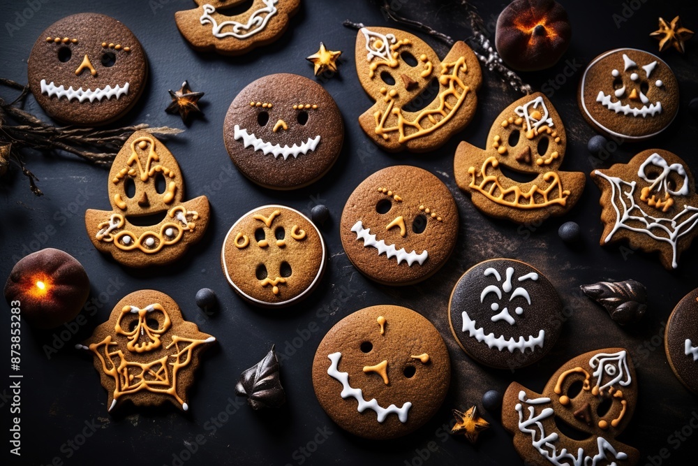 Obraz premium Halloween gingerbread cookies on dark stone background. Bright homemade cookies for Halloween party.
