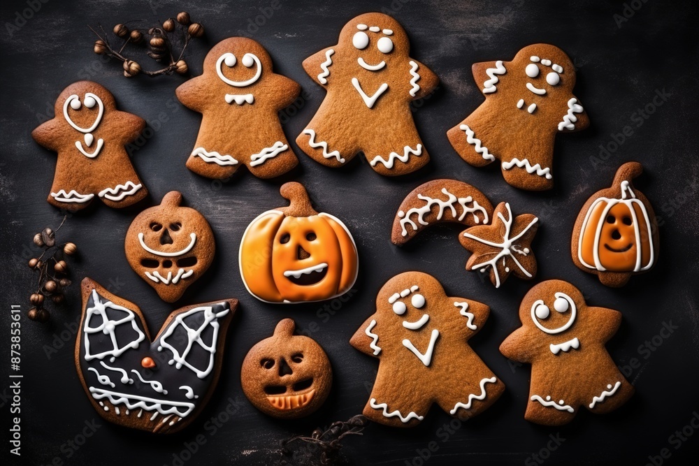 Halloween gingerbread cookies on dark stone background. Bright homemade cookies for Halloween party. Halloween gingerbread cookies on dark stone background. Bright homemade cookies for Halloween party.