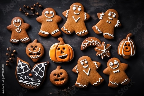 Halloween gingerbread cookies on dark stone background. Bright homemade cookies for Halloween party.