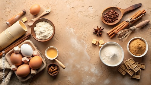 Ingredients for Making Cookies on Beige Background. Perfect for: Baking Blogs, Cooking Shows, Recipe Books, Food Advertisements