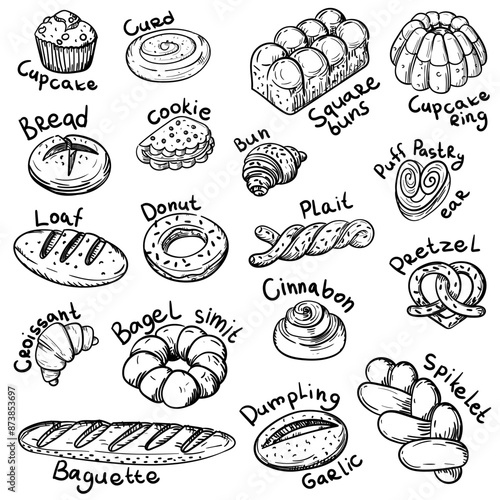 A set of illustrations with a picture of baking, a black outline and a sweet name. The image is made manually using lines of different thicknesses. Contour illustration for baking in cafes, bakeries