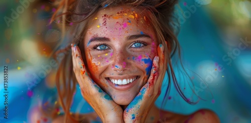 Woman With Colorful Paint On Face Smiles