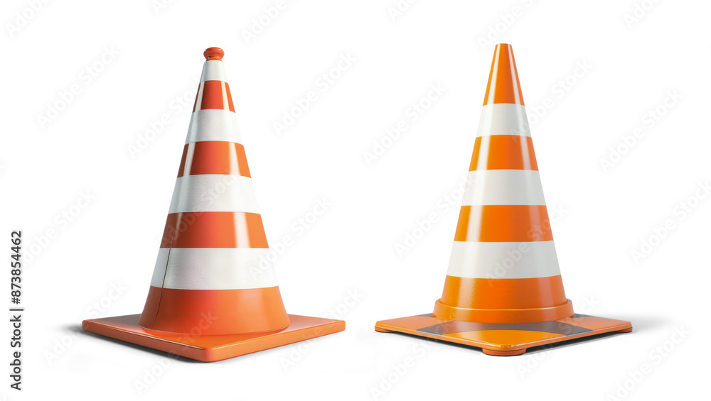 Two orange and white traffic cones isolated from the white background Two orange and white traffic cones isolated from the white background