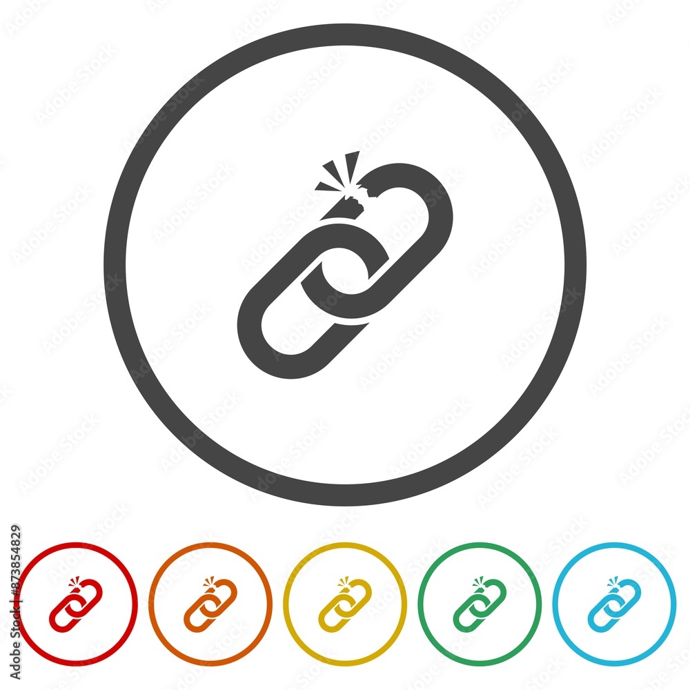 Broken chain sign icon. Set icons in color circle buttons Broken chain sign icon. Set icons in color circle buttons