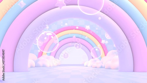 Looped passing through rainbow corridor with flying stars and bubbles in the air animation.