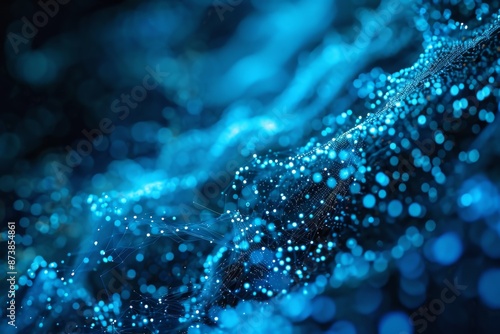 Blue light shines through bubbles in water, Futuristic backdrop of blue abstract molecular motion generated by AI