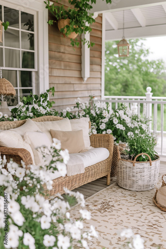 Beautiful summer porch with wicker sofa, white flowers and beige rug in cottagecore style © MS Creative Group