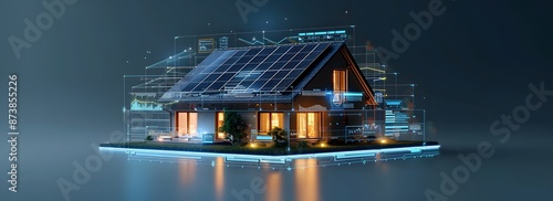 3D Rendering of a Futuristic Smart Home with Solar Panels and Energy Displays: Wide Banner Showcasing a Generic Smart Home with a Rooftop Solar Panel System for Renewable Energy Concepts