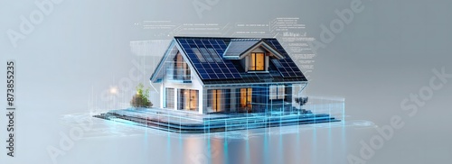 3D Rendering of a Futuristic Smart Home with Solar Panels and Energy Displays: Wide Banner Showcasing a Generic Smart Home with a Rooftop Solar Panel System for Renewable Energy Concepts