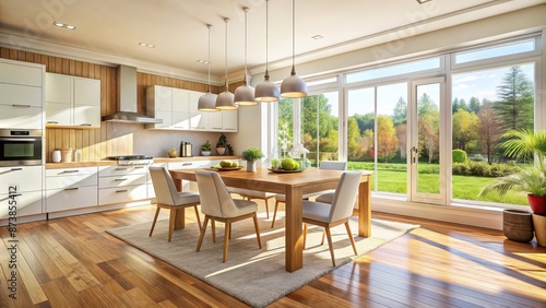 Spacious, sunny kitchen with dining area , modern, interior, design, bright, natural light, open concept, clean, minimalist, home, contemporary, architecture, windows, sunlight, house, table © Udomner