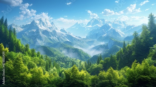 A picturesque mountain range with snow-capped peaks, lush green forests, and a blue sky with fluffy clouds.