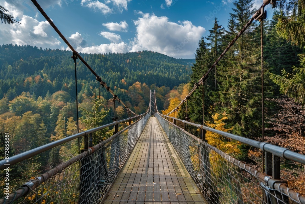 Obraz premium Suspension Bridge in Black Forest, Germany. Adventurous Metal Bridge Surrounded by Pine Trees