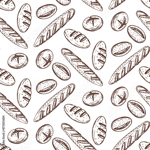 Pattern of doodle illustrations depicting baking, light brown. The image is made manually using lines of different thicknesses. Contour for baking in cafes, bakeries on white. Variety of bread