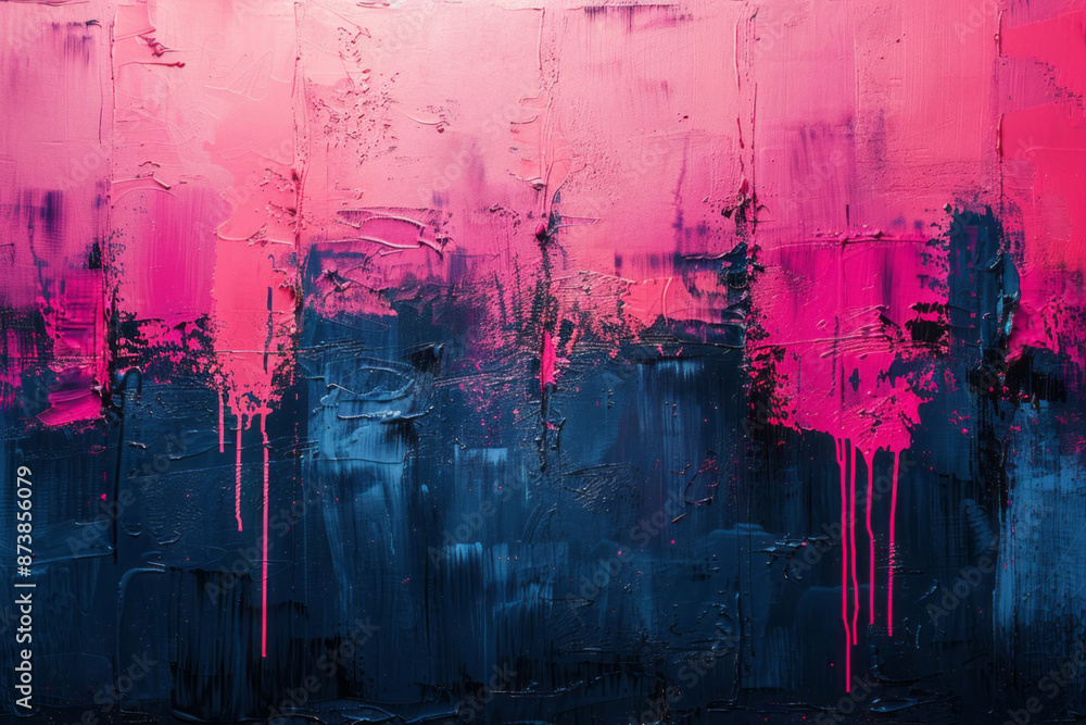 Fototapeta premium A print features brush strokes in blue and pink, paint splashes, and double exposure, with large text on the right side of an abstract background.
