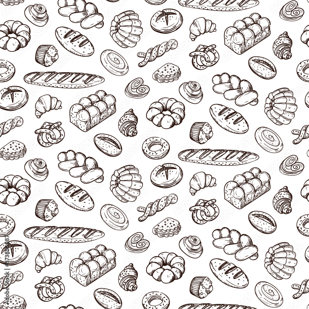 Pattern of doodle illustrations depicting baking, light brown. image is made manually using lines of different thicknesses. Contour for baking in cafes, bakeries on white. Variety of bread and baking Pattern of doodle illustrations depicting baking, light brown. image is made manually using lines of different thicknesses. Contour for baking in cafes, bakeries on white. Variety of bread and baking