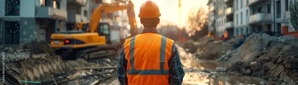 Construction worker in safety vest stands near excavator in urban setting. Construction worker in safety vest stands near excavator in urban setting.