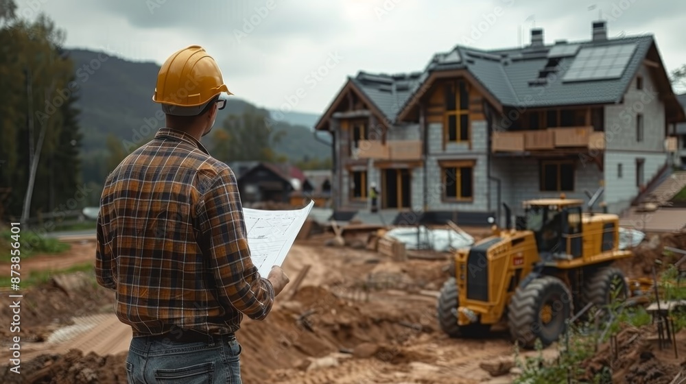 Construction worker reviewing blueprints at a new home construction site. A bulldozer sits in the background. Construction worker reviewing blueprints at a new home construction site. A bulldozer sits in the background.