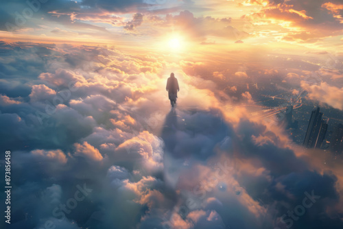 Walking on clouds, one gets a view from the sky of the city below during a sunrise. #873856458