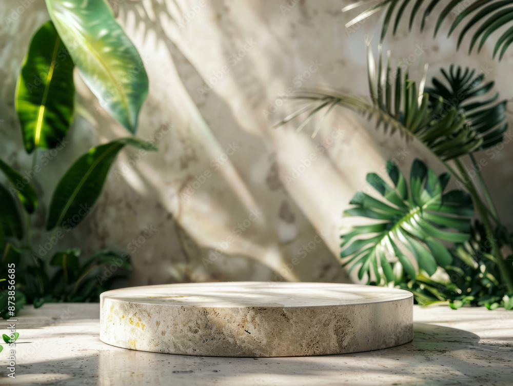 A stone round podium stands against a tropical jungle background, suitable for product presentation. A stone round podium stands against a tropical jungle background, suitable for product presentation.