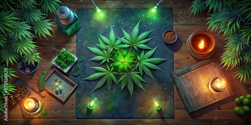 Overhead view of hemp plant, processing steps, and hemp based medicine , hemp, plant, processing, steps, medicine, extraction, CBD, THC, pharmaceutical, industry, natural, organic, health photo