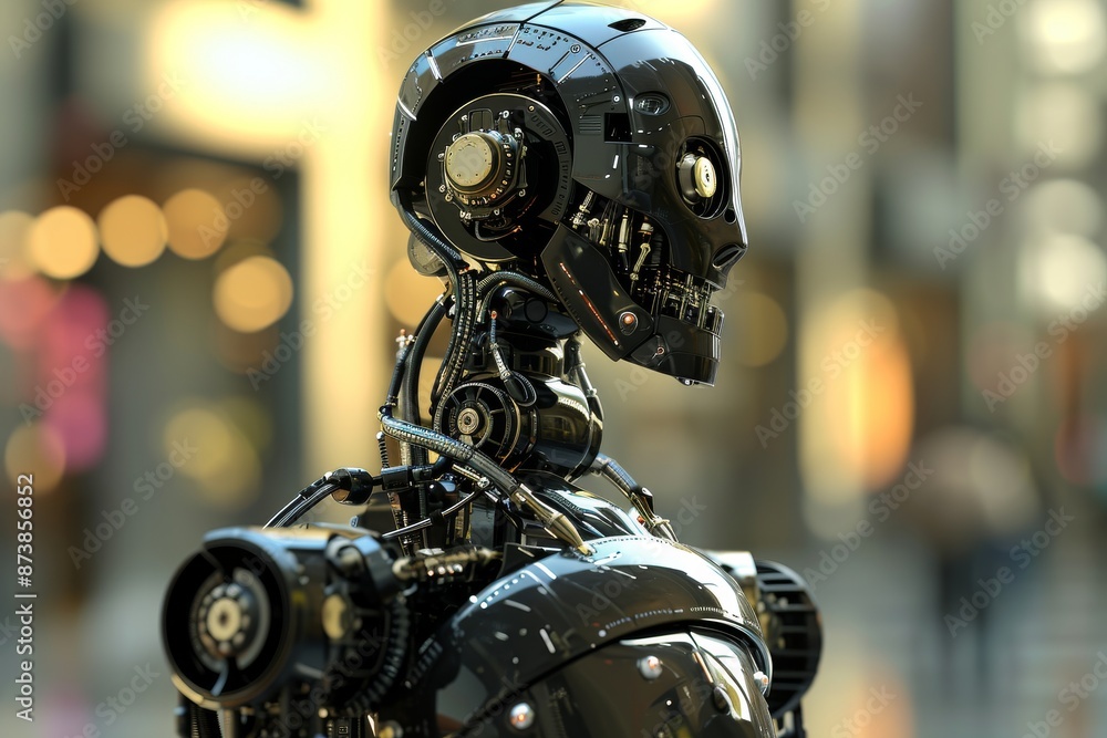 A robot with a metallic body and a head,An image of a robot made of metal with a head