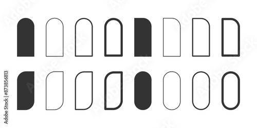 Set of arch, half arch, leaf and double arc shapes and frames. Templates for invitation or greeting cards, brochures or banners in archway form isolated on white background. Vector illustration.