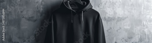 Design a promotional image for a streetwear brand, showcasing a black hoodie on a hanger with a plain background photo