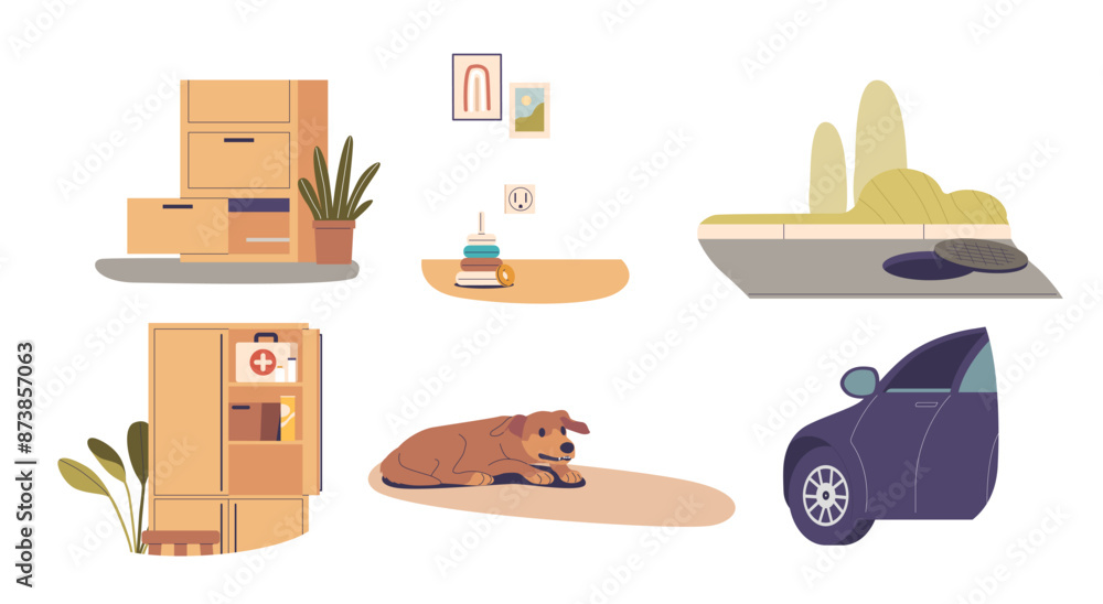 Household Hazards Relevant To Child Safety. Includes Open Drawers, An Electrical Socket, Dog, Medical Cabinet And Car