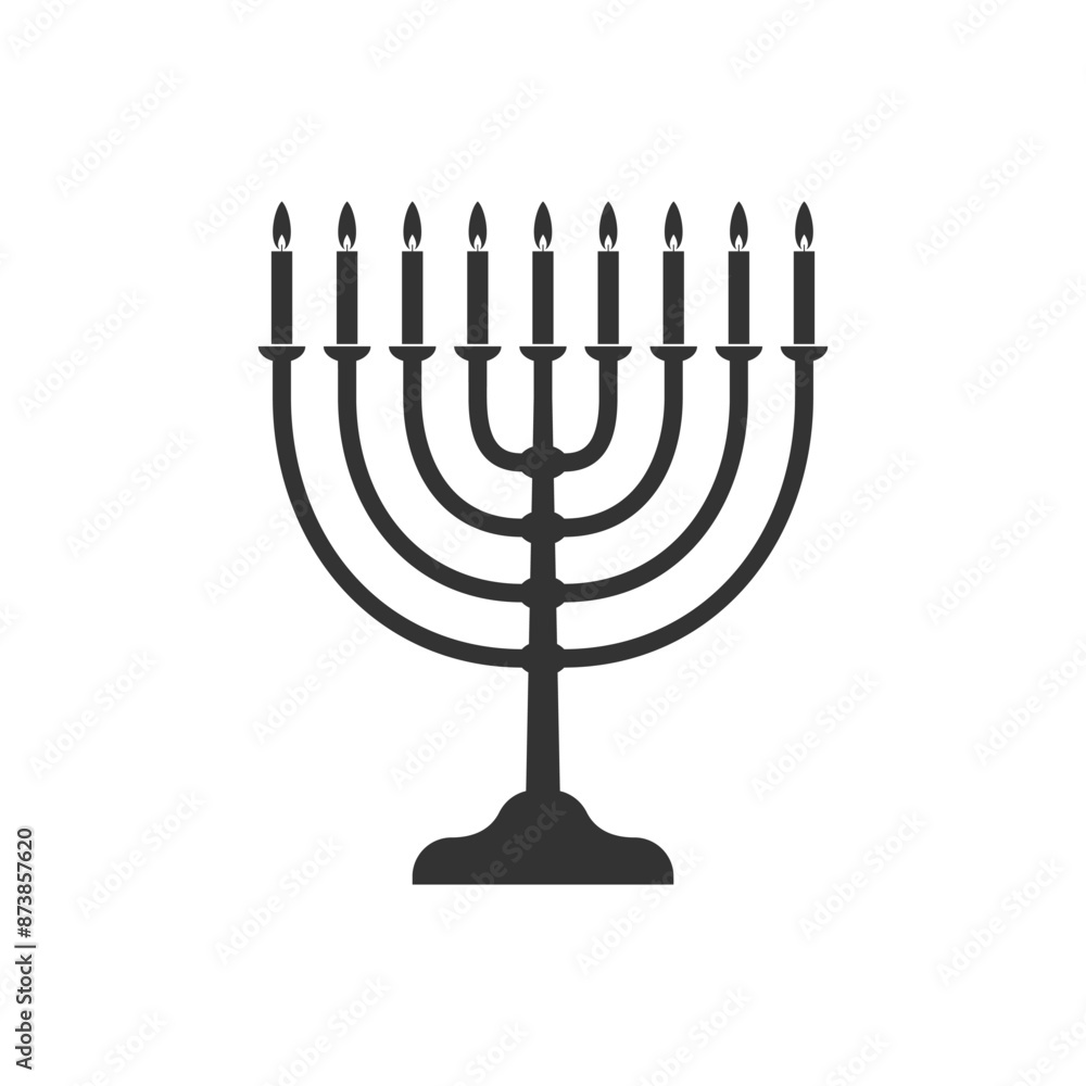 Menorah candelabrum with nine lit candles graphic icon. Candlestick in the form of a menorah sign isolated on white background. Vector illustration Menorah candelabrum with nine lit candles graphic icon. Candlestick in the form of a menorah sign isolated on white background. Vector illustration