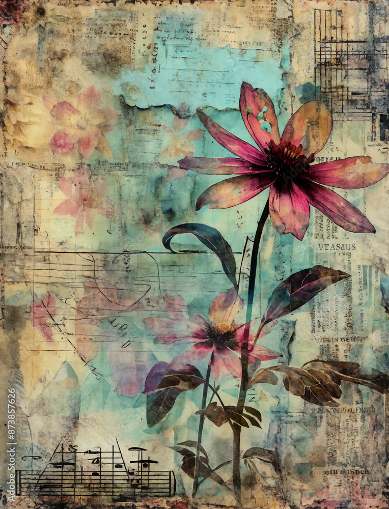 Fototapeta premium Vintage flower poster in mixed media