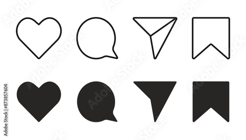 Media Icons interface social media like, chat, send and save symbols. Minimal ig set. Like notification, comment notification, follower notification social media