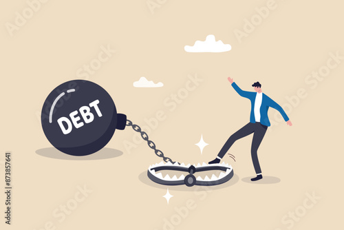 Debt trap overspending causing danger debt, temptation buying, loan or credit card obligation, money burden despair, financial trap failure or bankruptcy concept, young man step on risky debt trap.