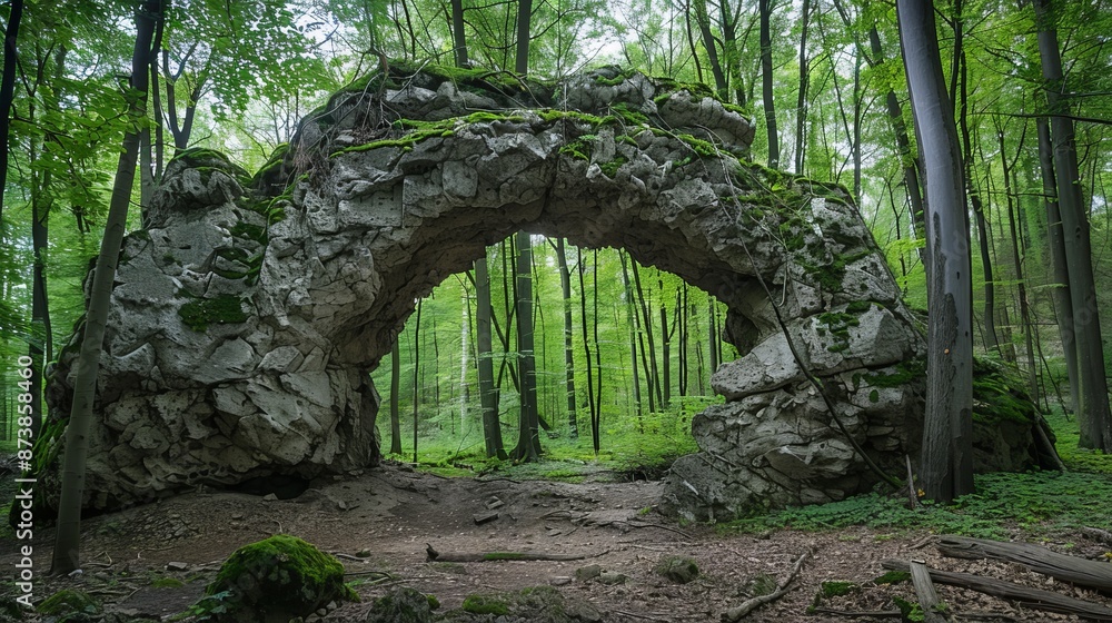 Natural arch of stones in the forest. Stone arch on a white background. The entrance to the cave is formed by an old stone with moss. Natural arch of stones in the forest. Stone arch on a white background. The entrance to the cave is formed by an old stone with moss.