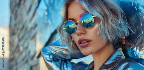 Woman With Blonde Hair Wearing Sunglasses in Front of Blue Wall