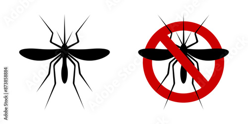 Mosquito icon and anti gnat forbidden sign for insect spray repellent isolated on white background. Warning pictograms. Stop malaria sticker. Vector flat illustration.