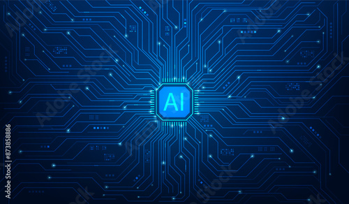 Ai microchip processor circuit digital technology on blue background. CPU database. Motherboard chip. Central computer. vector illustration fantastic hi-tech design.