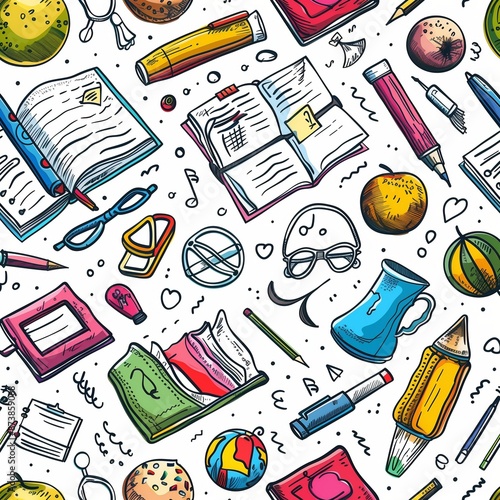 Hand drawn cartoon Back to School doodle elements pattern icons and objects on a white background.