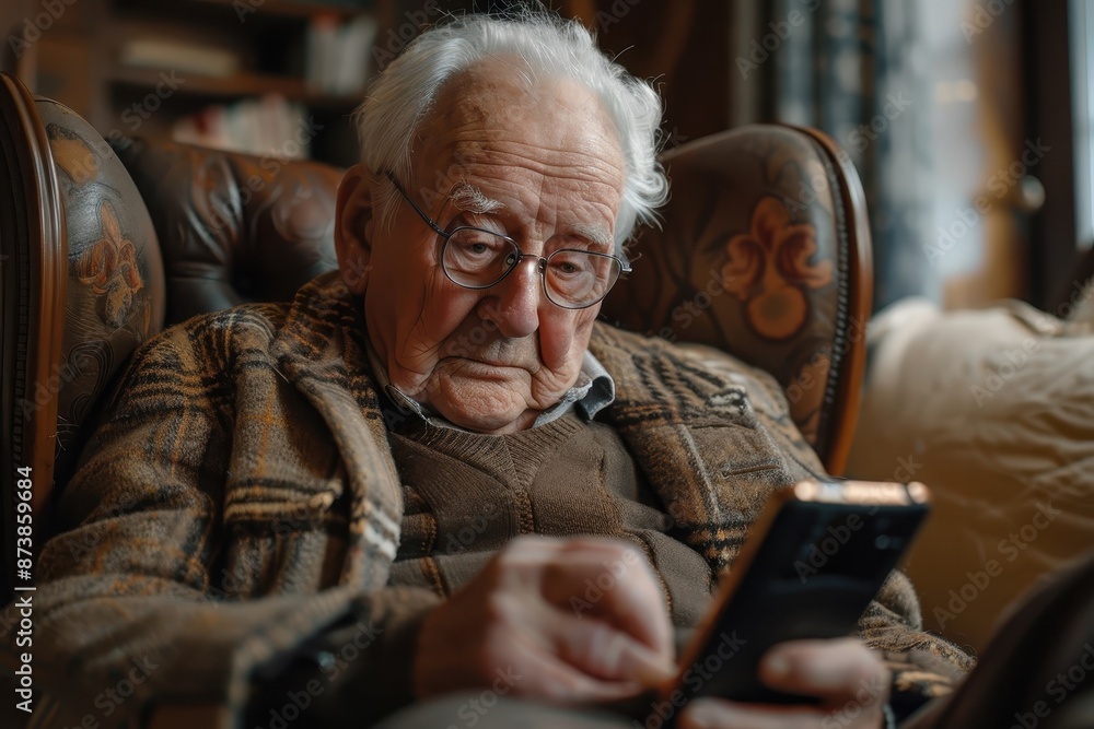 An elderly person learning to use a smartphone with a large font display, sitting in a cozy living room. An elderly person learning to use a smartphone with a large font display, sitting in a cozy living room.