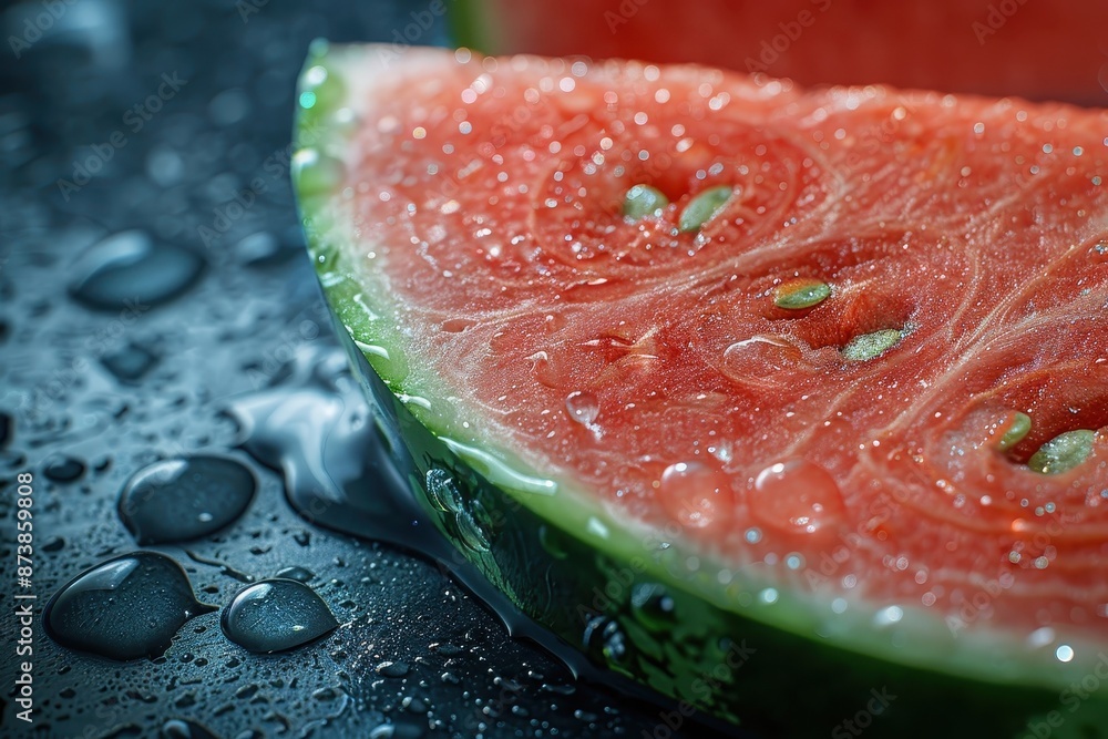 A close-up of a juicy watermelon slice. A close-up of a juicy watermelon slice.