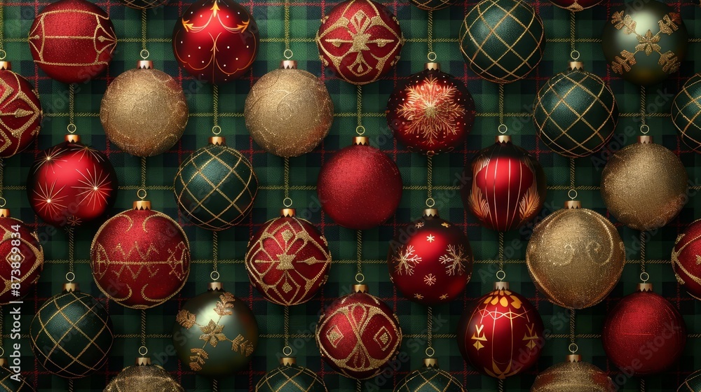 Create a stunning Christmas backdrop with a realistic red and green tartan pattern, featuring elegant scattered golden ornaments Vector illustration, 8k resolution Create a stunning Christmas backdrop with a realistic red and green tartan pattern, featuring elegant scattered golden ornaments Vector illustration, 8k resolution