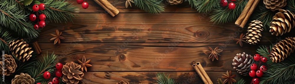 Design a stunning image realistic rustic wooden background with pine cones, holly berries, and cinnamon sticks Vector illustration optimized for Midjourney Design a stunning image realistic rustic wooden background with pine cones, holly berries, and cinnamon sticks Vector illustration optimized for Midjourney