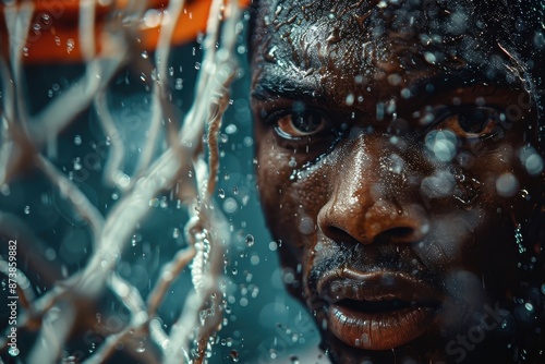 Basketball player dunking with determination.