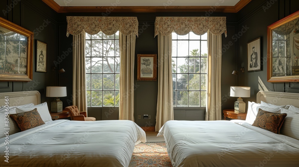 Modern Hotel Room With Two Beds and Large Window Modern Hotel Room With Two Beds and Large Window