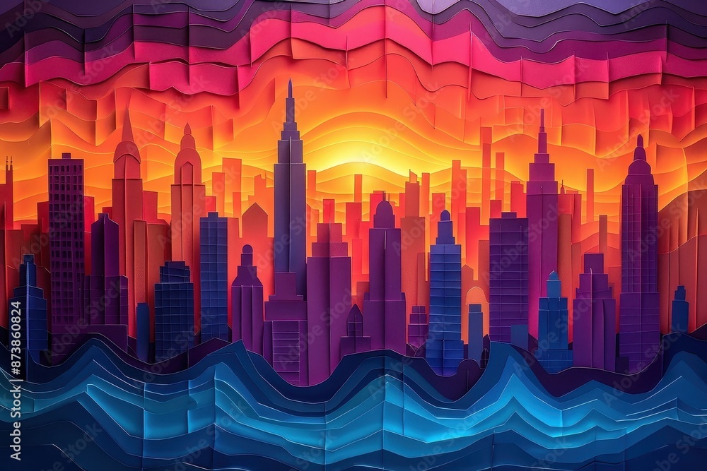 Bold paper cut design of a cityscape at dusk. Bold paper cut design of a cityscape at dusk.