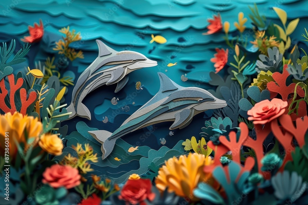 Whimsical paper cut of an underwater scene with dolphins. Whimsical paper cut of an underwater scene with dolphins.