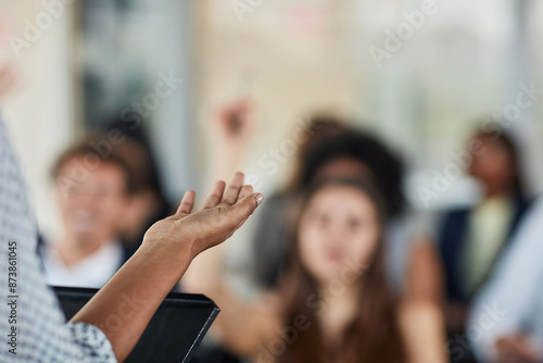 Hand, podium and presenter in seminar, question and people in event, training and presentation in boardroom. Workshop, closeup and advise in conference, entrepreneurship and masterclass of business