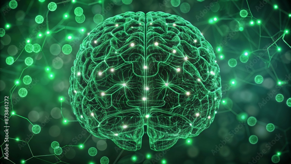 A digital representation of a brain is depicted with interconnected lines and nodes, creating a neural network structure. A digital representation of a brain is depicted with interconnected lines and nodes, creating a neural network structure.
