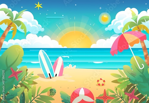 Beach Summer Background with Surfboards and Beach Ball Blue Sky Nature Tropical Beach Cartoon Style