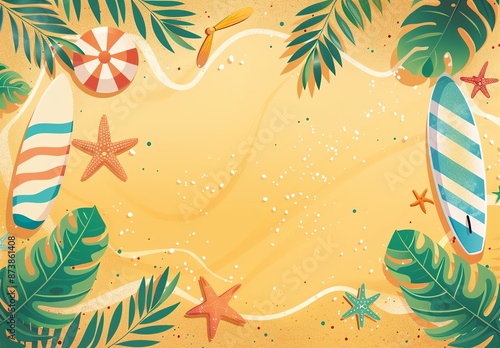 Beach Summer Background with Surfboards and Beach Ball Blue Sky Nature Tropical Beach Cartoon Style