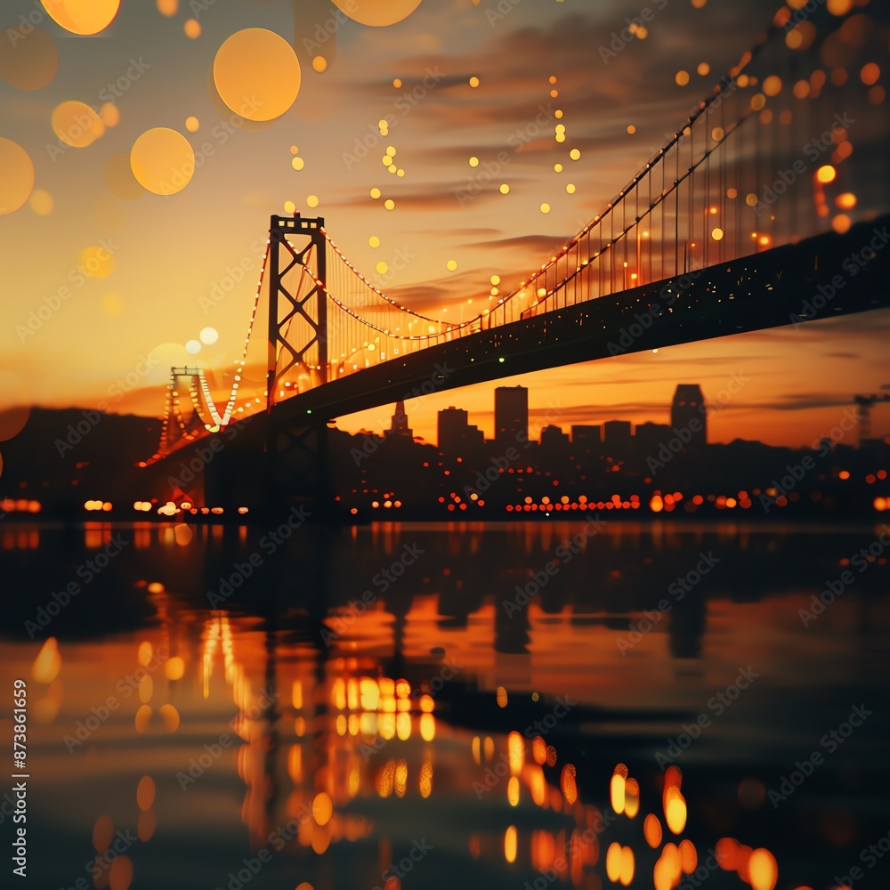 Obraz premium Stunning sunset view of a city skyline with a bridge, illuminated by bokeh lights, reflecting on the water.